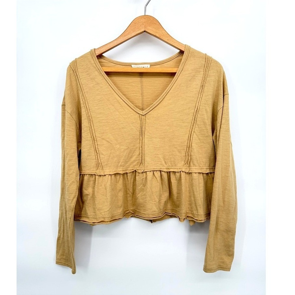 New In Top Peplum Cropped V-Neck Raw Hem Mustard Boho Boxy Earthy Size Small